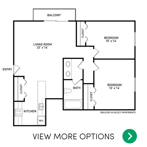 2 bedroom 1 bathroom floor plan at Woodsmere Apartments in East Lansing near Michigan State University